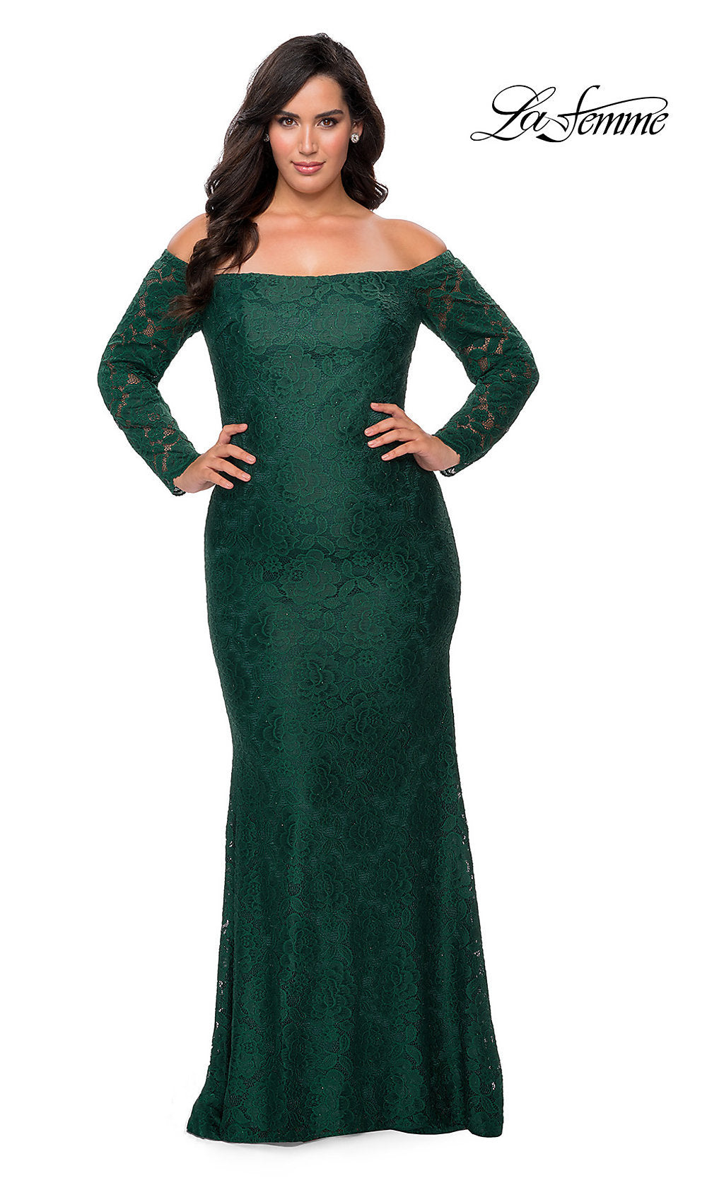 Long-Sleeve Long Lace Plus-Size Prom Dress by La Femme Emerald / 18W Long-Sleeve Long Lace Plus-Size Prom Dress by La Femme Emerald / 18W