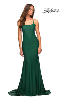 Emerald Low V-Back La Femme Long Prom Dress with Train