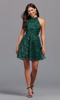  Emerald Green Sequin-Print Short Homecoming Dress