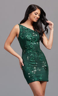 Emerald Green Floral-Sequin One-Shoulder Short Homecoming Dress