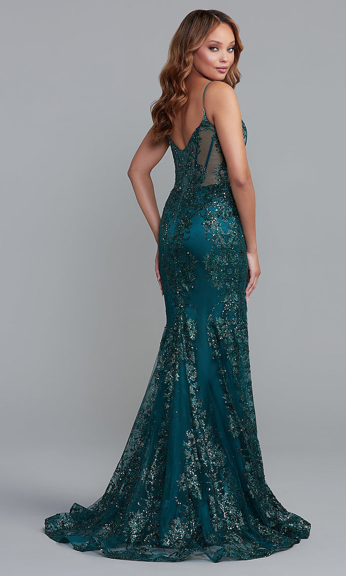 Metallic Glitter Long Formal Prom Dress with Lace Back
