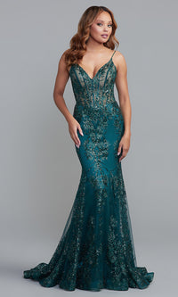 Emerald Shimmer Sheer-Corset Long Prom Dress with Sequin Pattern