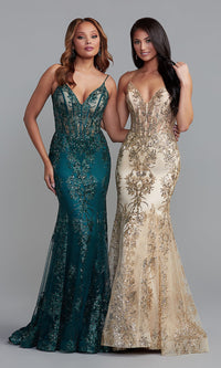 Champagne Shimmer Sheer-Corset Long Prom Dress with Sequin Pattern