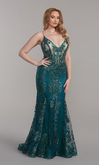 Emerald Shimmer Sheer-Corset Long Prom Dress with Sequin Pattern