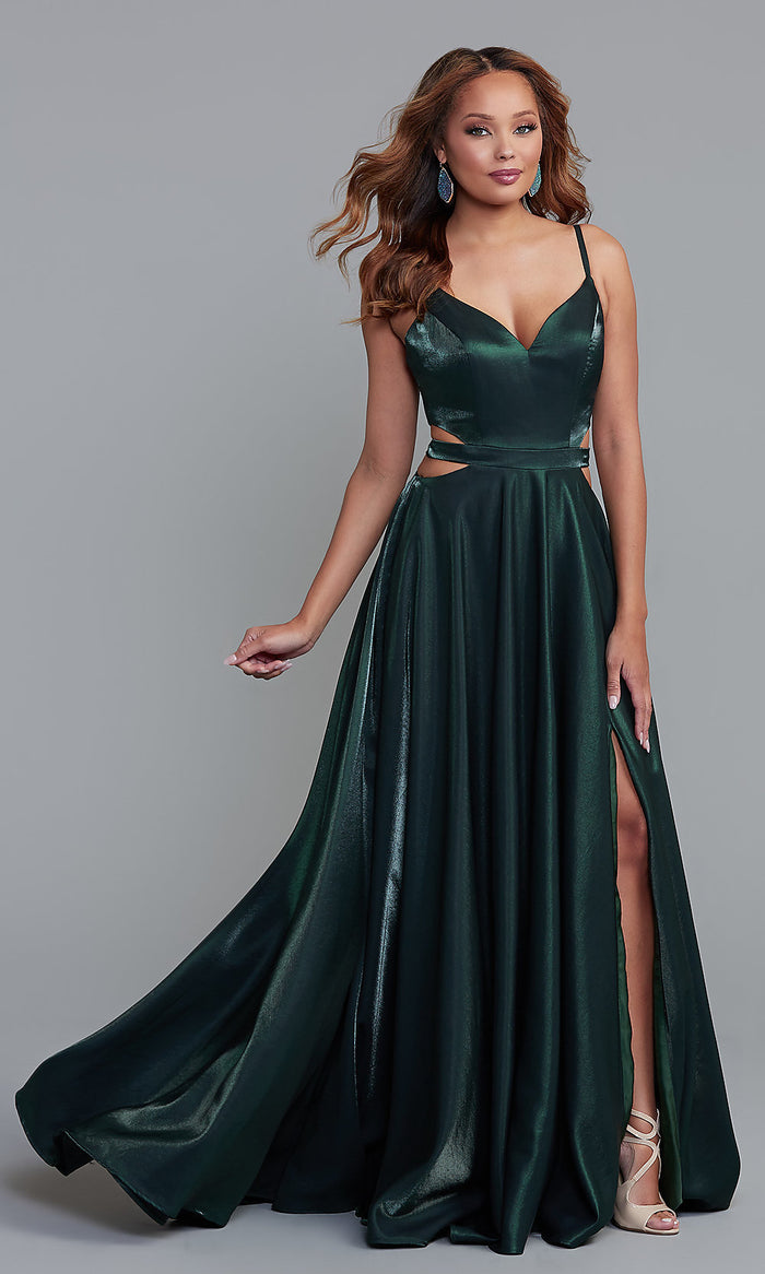 Emerald Shimmer Long Shimmer Formal Prom Dress with Side Cut Outs