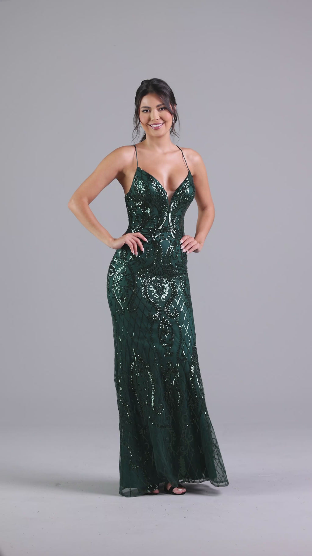 Sequin-Tulle Backless Long Prom Dress