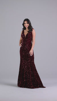 Deep V-Neck Dark Red Long Velvet-Sequin Prom Dress