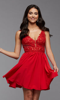 Firecracker Open-Back Short Prom Dress with Embroidered Bodice