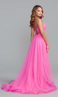  Ruched-Bodice Long A-Line Prom Dress with Slit