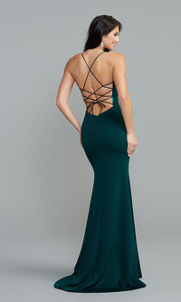  Strappy-Back Long Prom Dress with Empire Waist