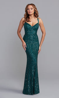 Forest Strappy-Back Sequin-Striped Long Formal Prom Dress