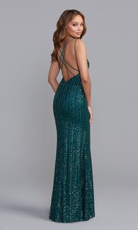  Strappy-Back Sequin-Striped Long Formal Prom Dress
