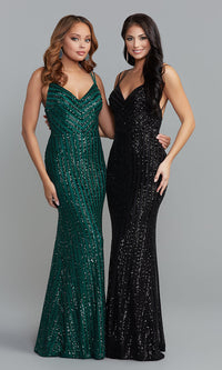  Strappy-Back Sequin-Striped Long Formal Prom Dress
