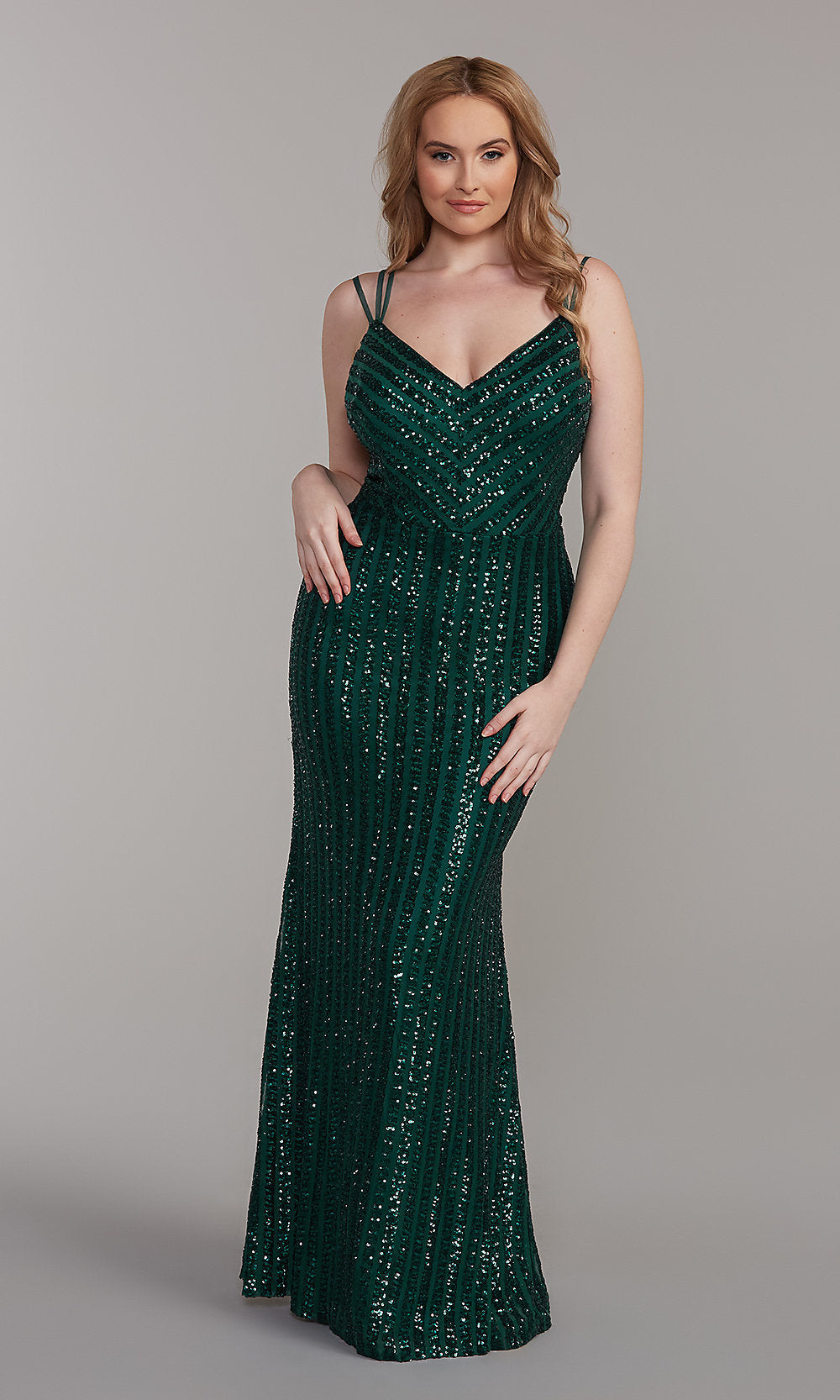  Strappy-Back Sequin-Striped Long Formal Prom Dress