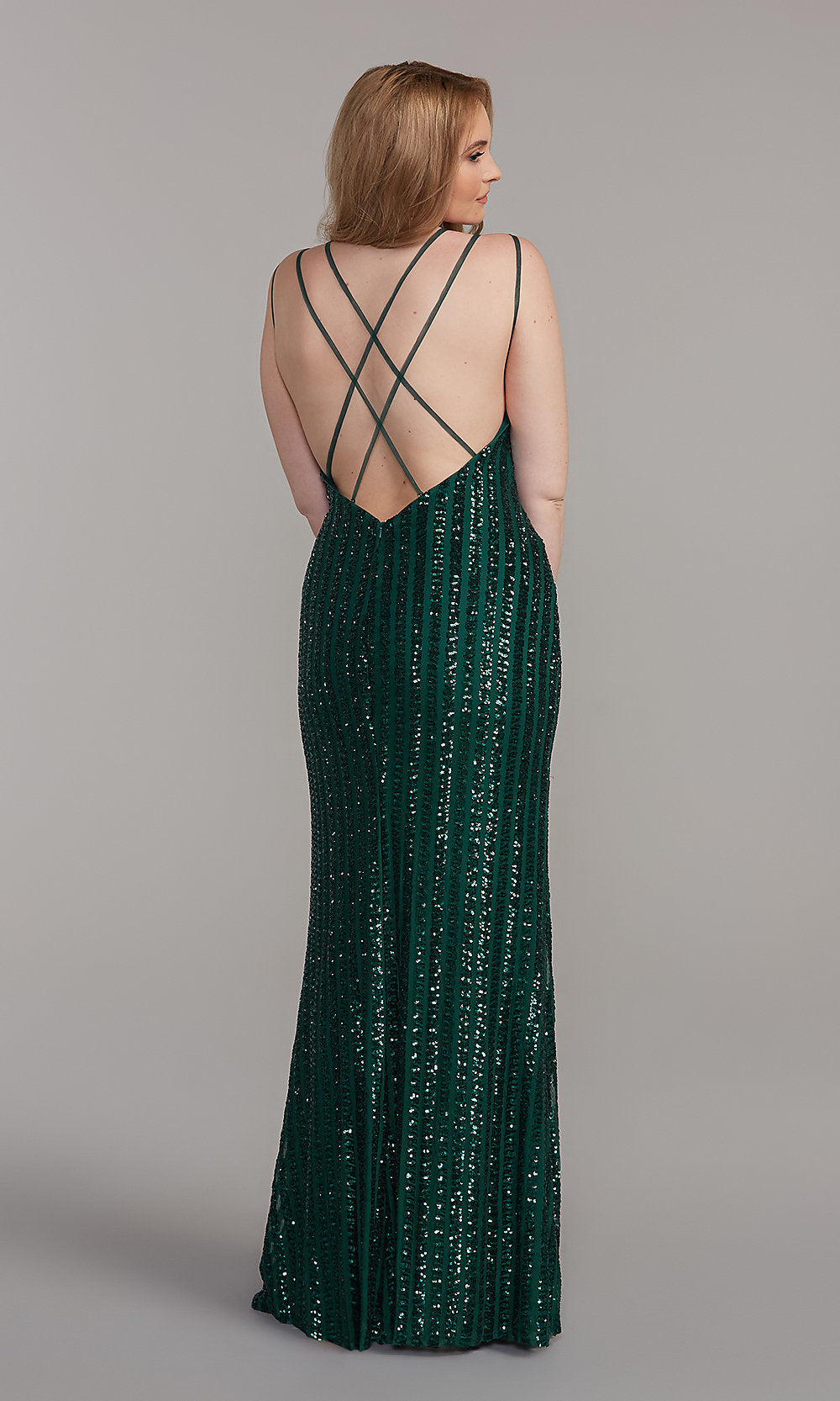  Strappy-Back Sequin-Striped Long Formal Prom Dress