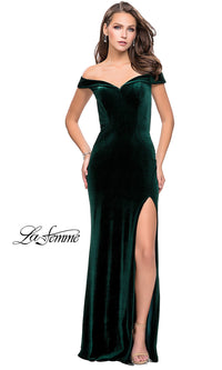 Forest Green Off-the-Shoulder Long Velvet Prom Dress by La Femme