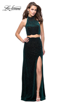 Forest Green High-Neck Two-Piece Velvet La Femme Prom Dress