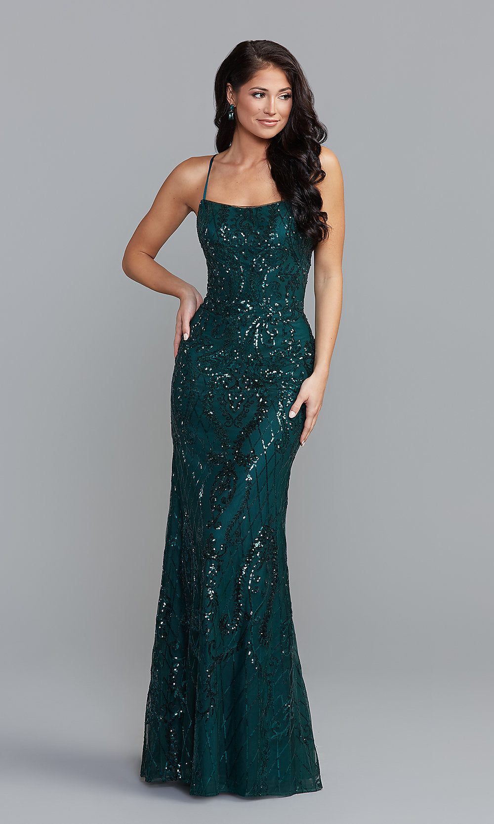 Statement-Back Long Formal Dress with Sequin Print
