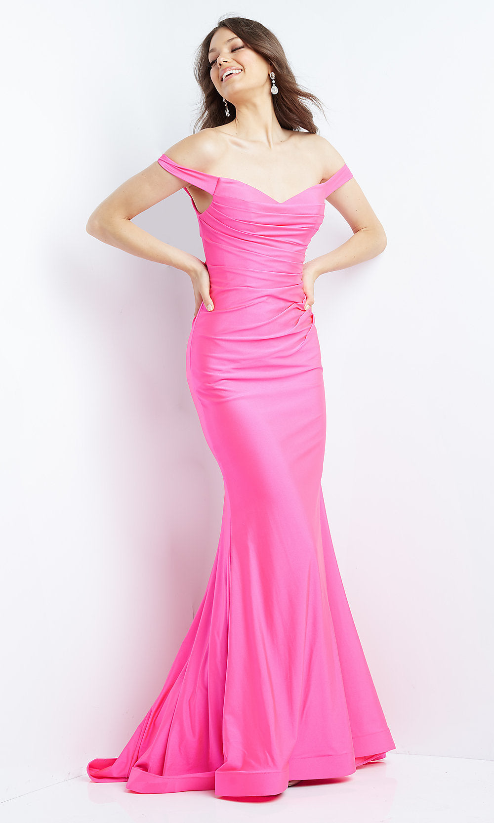 Fuchsia JVN by Jovani Off-Shoulder V-Neck Long Prom Dress
