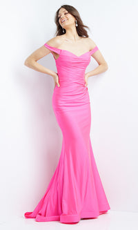 Fuchsia JVN by Jovani Off-Shoulder V-Neck Long Prom Dress