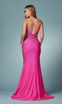 Fuchsia Beaded Long Prom Dress with Sheer Side Cut Outs