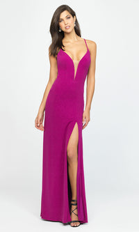 Fuchsia Madison James Glitter Long Formal Prom Dress