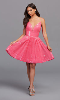  Knee-Length A-Line Fuchsia Pink Sequin Hoco Dress
