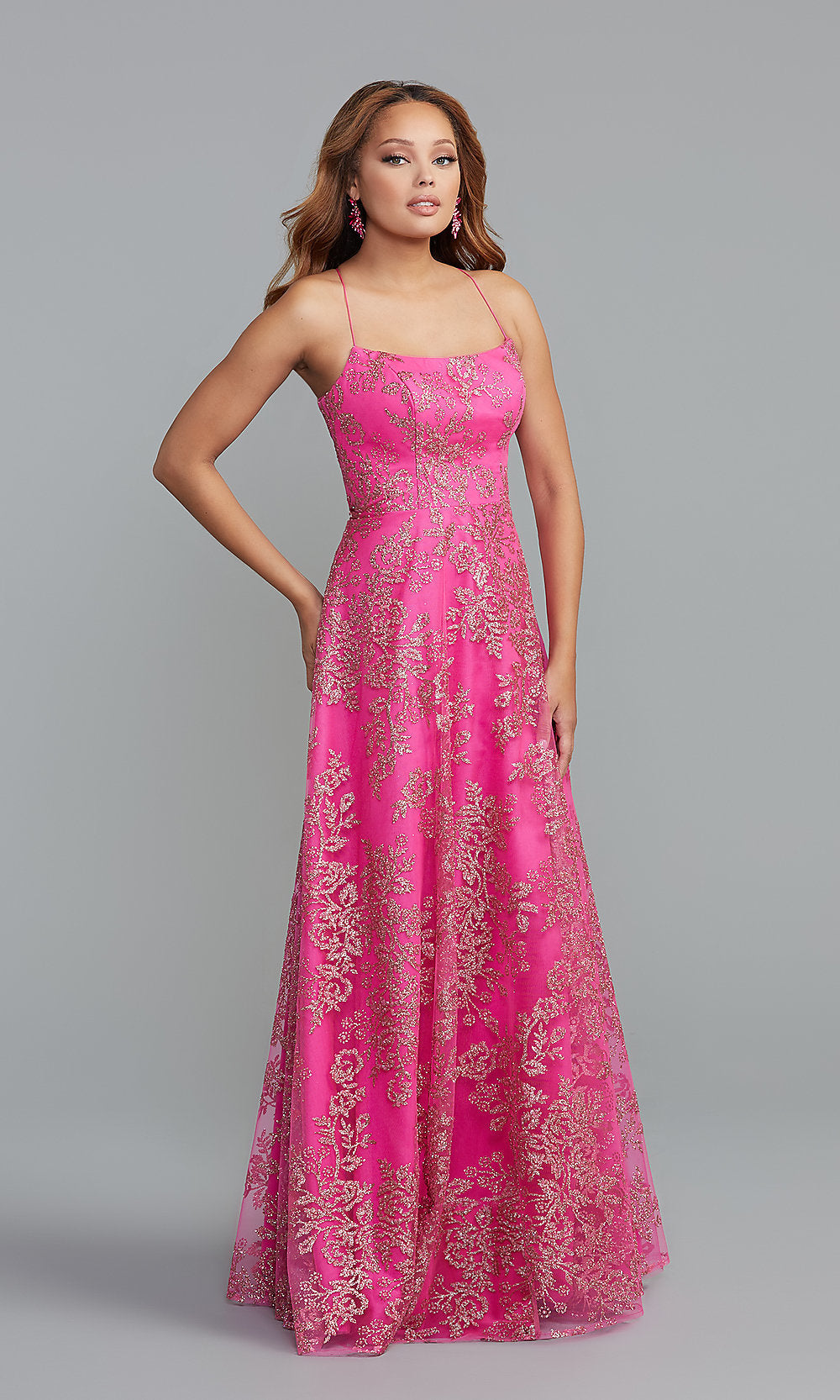 Fuchsia/Rose Gold Sequin-Tulle Long Prom Dress in Fuchsia Pink