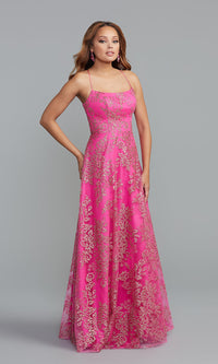 Fuchsia/Rose Gold Sequin-Tulle Long Prom Dress in Fuchsia Pink