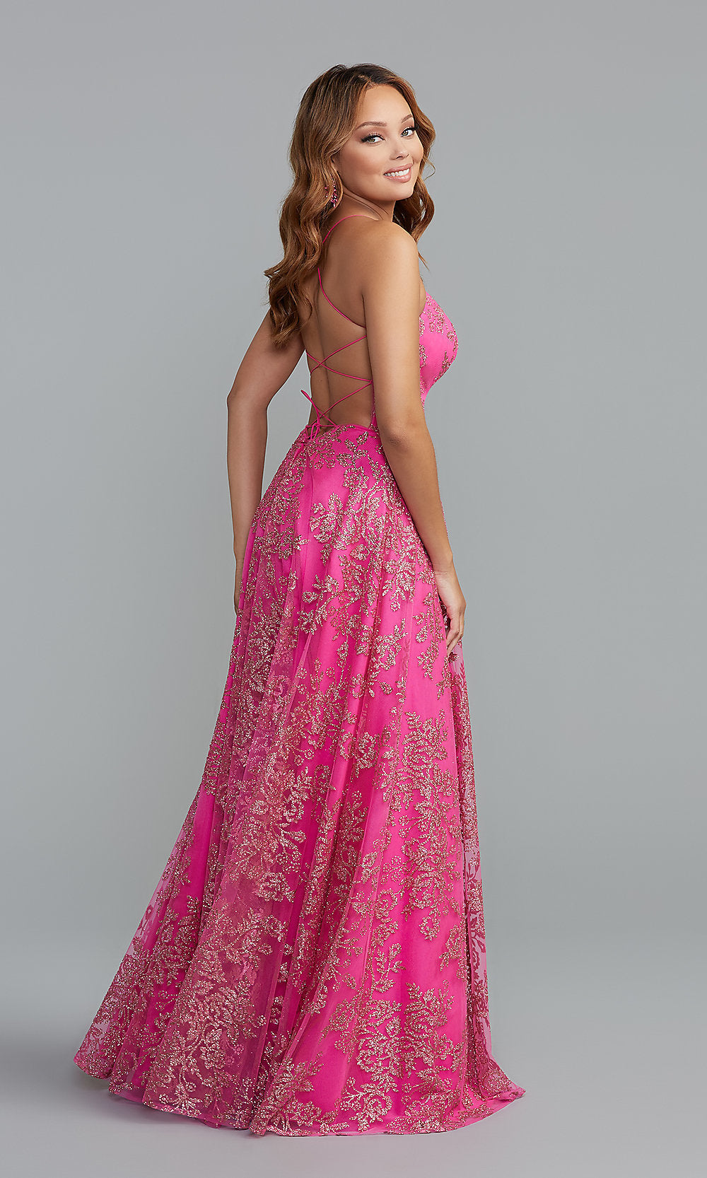  Sequin-Tulle Long Prom Dress in Fuchsia Pink