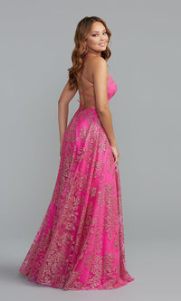 Sequin-Tulle Long Prom Dress in Fuchsia Pink