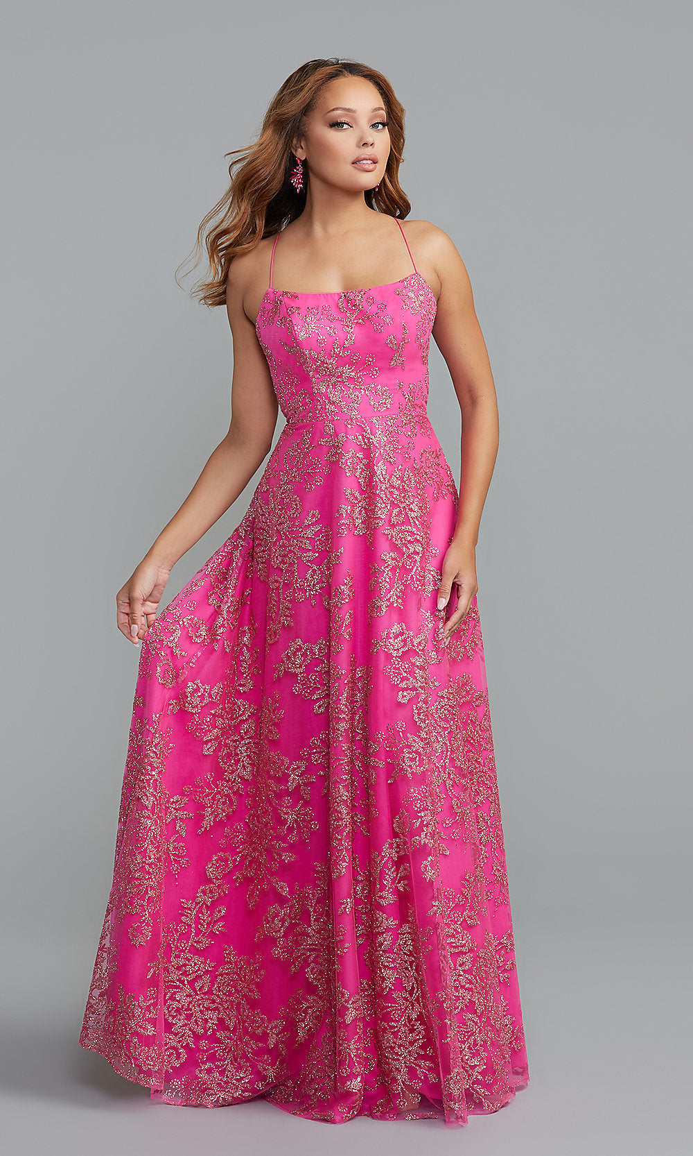  Sequin-Tulle Long Prom Dress in Fuchsia Pink