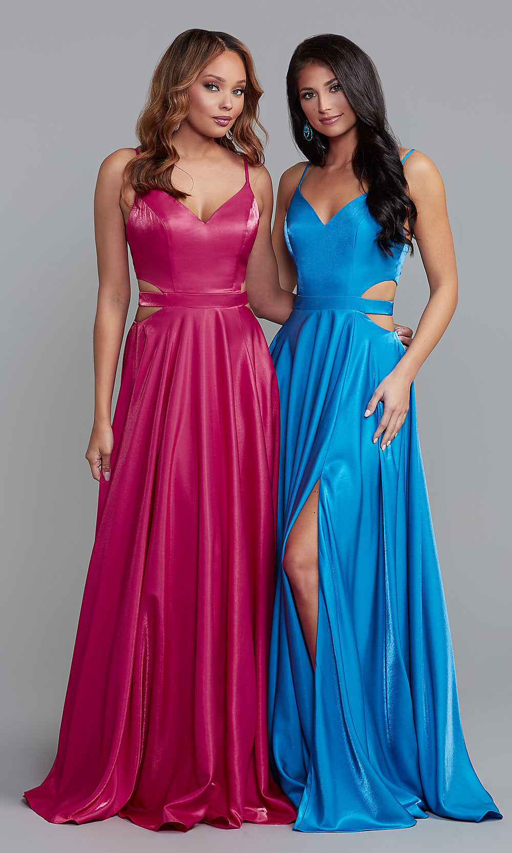 Fuchsia Shimmer Long Shimmer Formal Prom Dress with Side Cut Outs