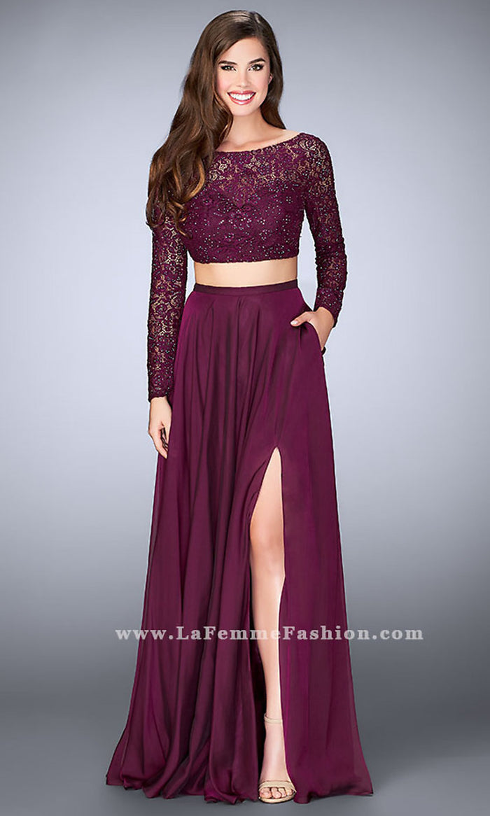 Rachel Allan 7235 Burgundy Shimmer 2 Piece Dress with Slit – Formalwear  Outlet