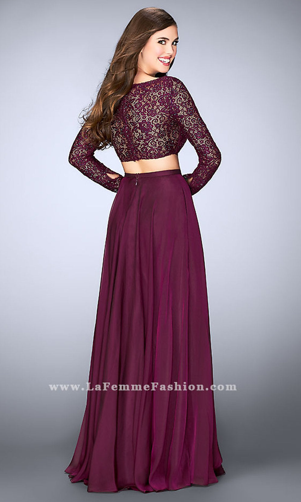 Two Piece Long Chiffon Prom Dress with Long Sleeves Garnet / 2 Two Piece Long Chiffon Prom Dress with Long Sleeves Garnet / 2