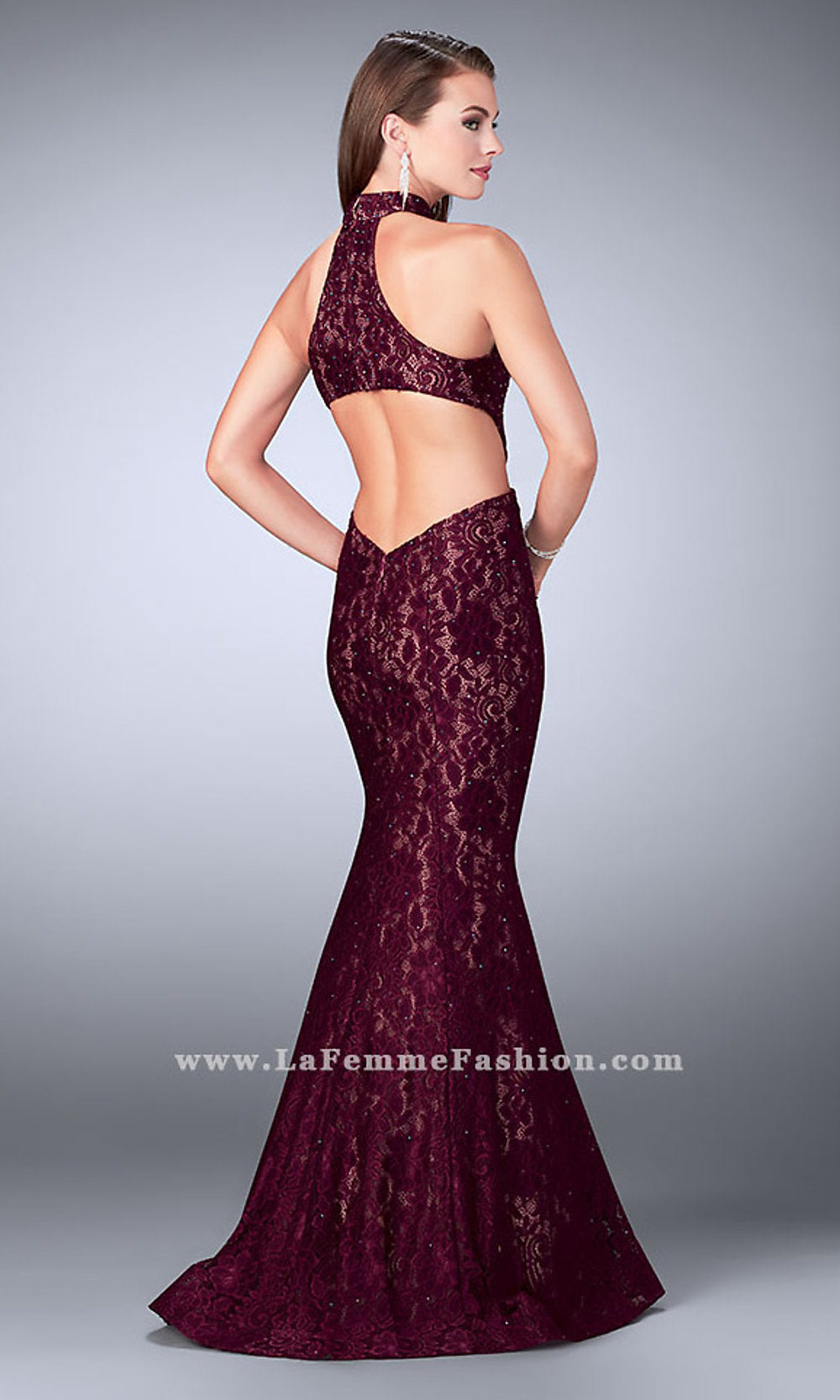  La Femme Long Lace Prom Dress