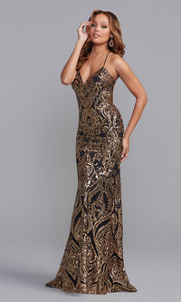 Gold/Black V-Neck Sequin Long Formal Dress for Prom
