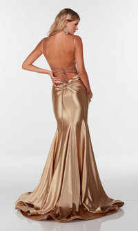  Long Gold Prom Dress with Lace-Up Back