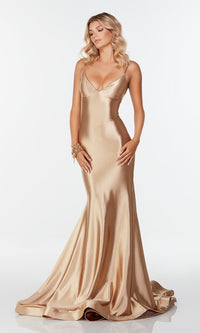  Long Gold Prom Dress with Lace-Up Back