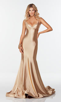  Long Gold Prom Dress with Lace-Up Back