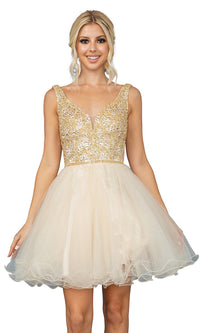 Gold Beaded Fit-and-Flare Short Formal Homecoming Dress