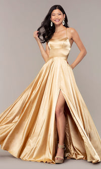 Gold Faviana Long Open-Back Satin Formal Dress with Pockets