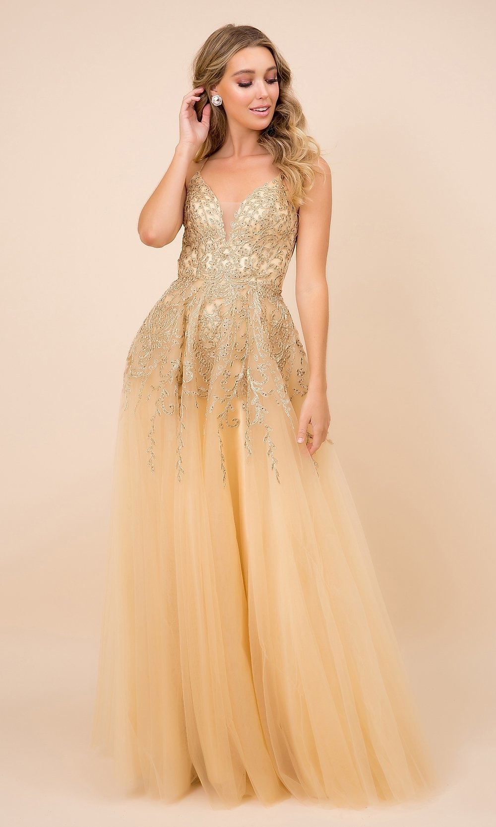 Gold Gold Embroidered Long Tulle Open-Back Prom Dress