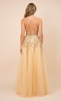 Gold Embroidered Long Tulle Open-Back Prom Dress