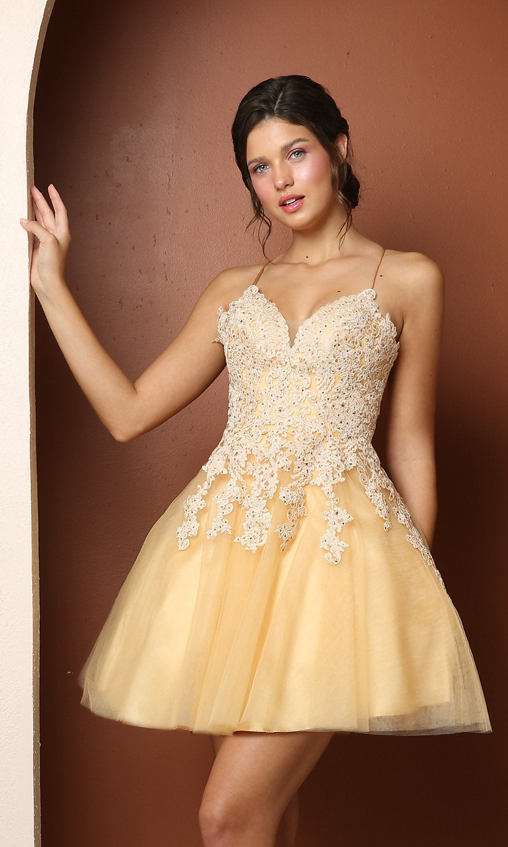 Gold Corset-Back Short A-Line Baby Doll Hoco Dress