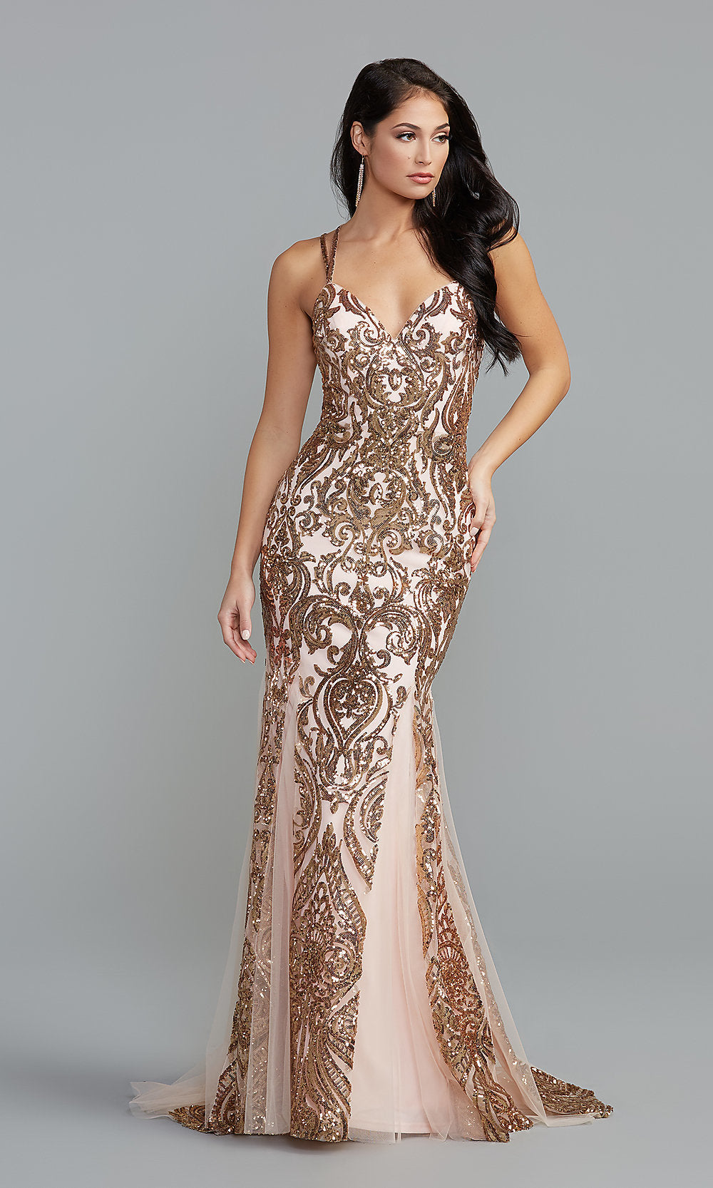Gold Sequin-Print Long Prom Dress with Strappy Back