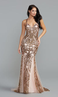 Gold Sequin-Print Long Prom Dress with Strappy Back