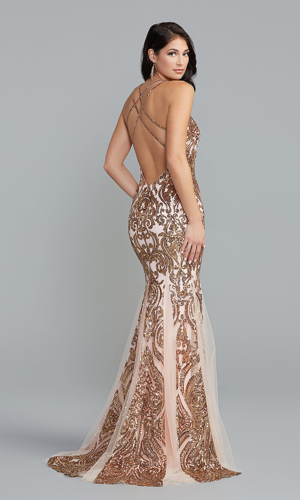  Sequin-Print Long Prom Dress with Strappy Back