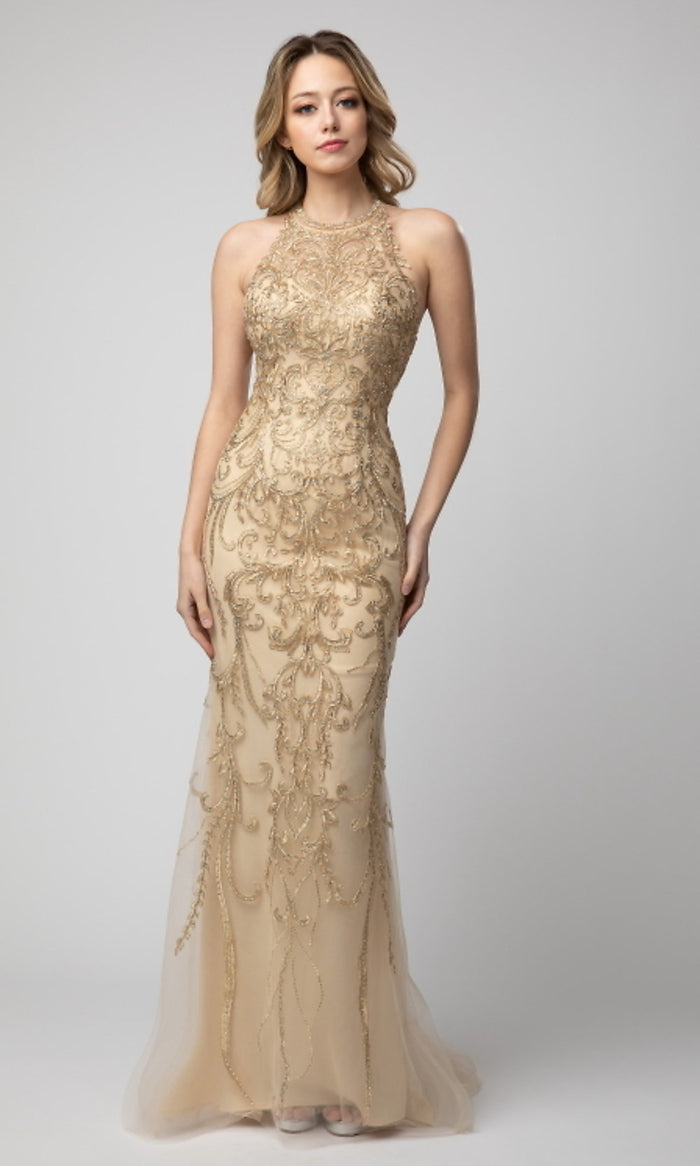 Gold Shail K Embroidered Prom Dress with Back Cut Out