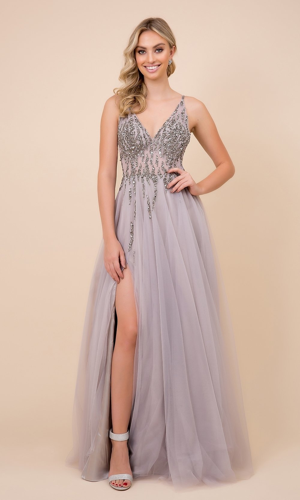Gray Embellished-Sheer-Bodice Long Formal Prom Dress